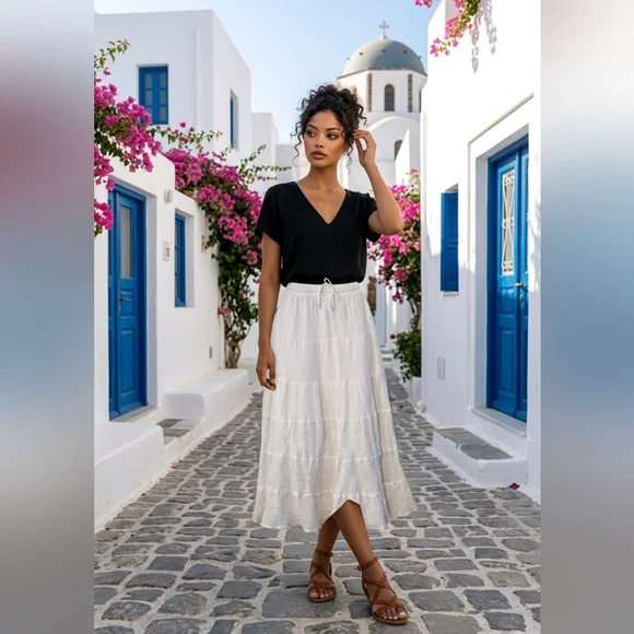 Sand N Sun Women’s Small White Tiered Midi Skirt Lightweight Cotton Boho Style - Picture 4 of 15